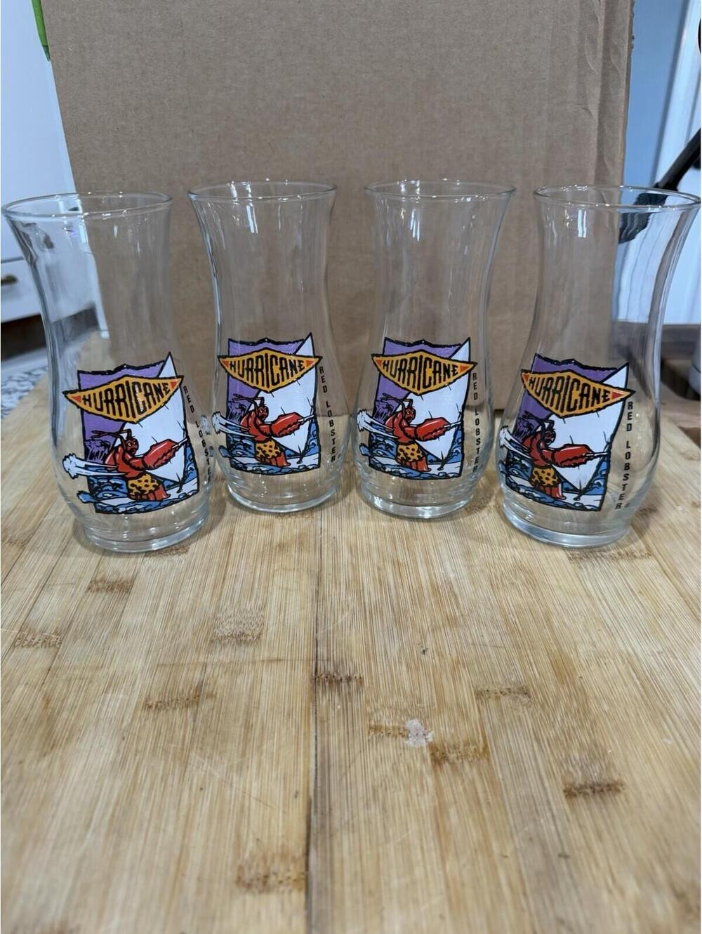 Lot Of 4 Vintage Red Lobster 7" Tall Hurricane Promo Surfing Lobster Glass Cup *